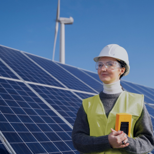 Woman in hard hat by solar panels and wind turbine.