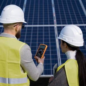 Two engineers inspecting solar panels