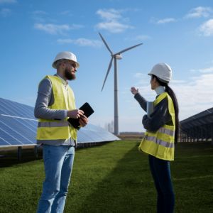 Two workers discussing renewable energy innovations outdoors.
